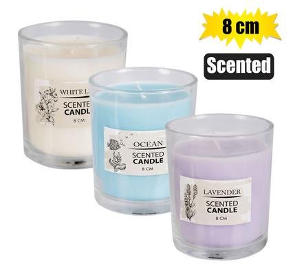 Candle in holder gls 8cm scented asstd