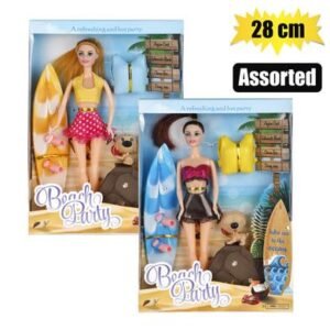 Fashion doll with surfboard & dog asstd