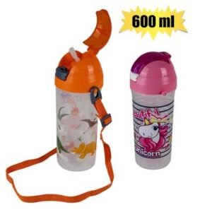 Water bottle 600ml unicorn/dino w/straw